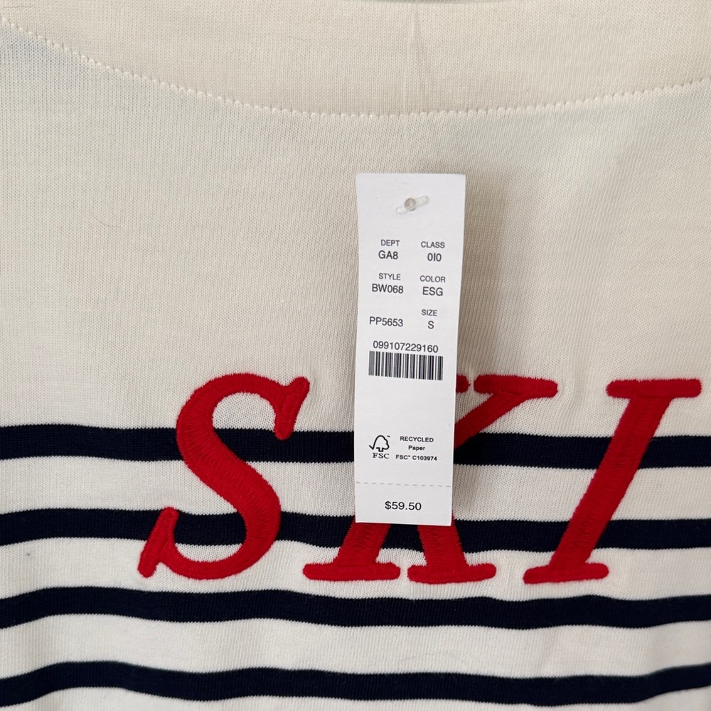 NWT 100% Cotton J. Crew Cream and Black Striped Long Sleeve Top with Red 'SKI' - Picture 3 of 4